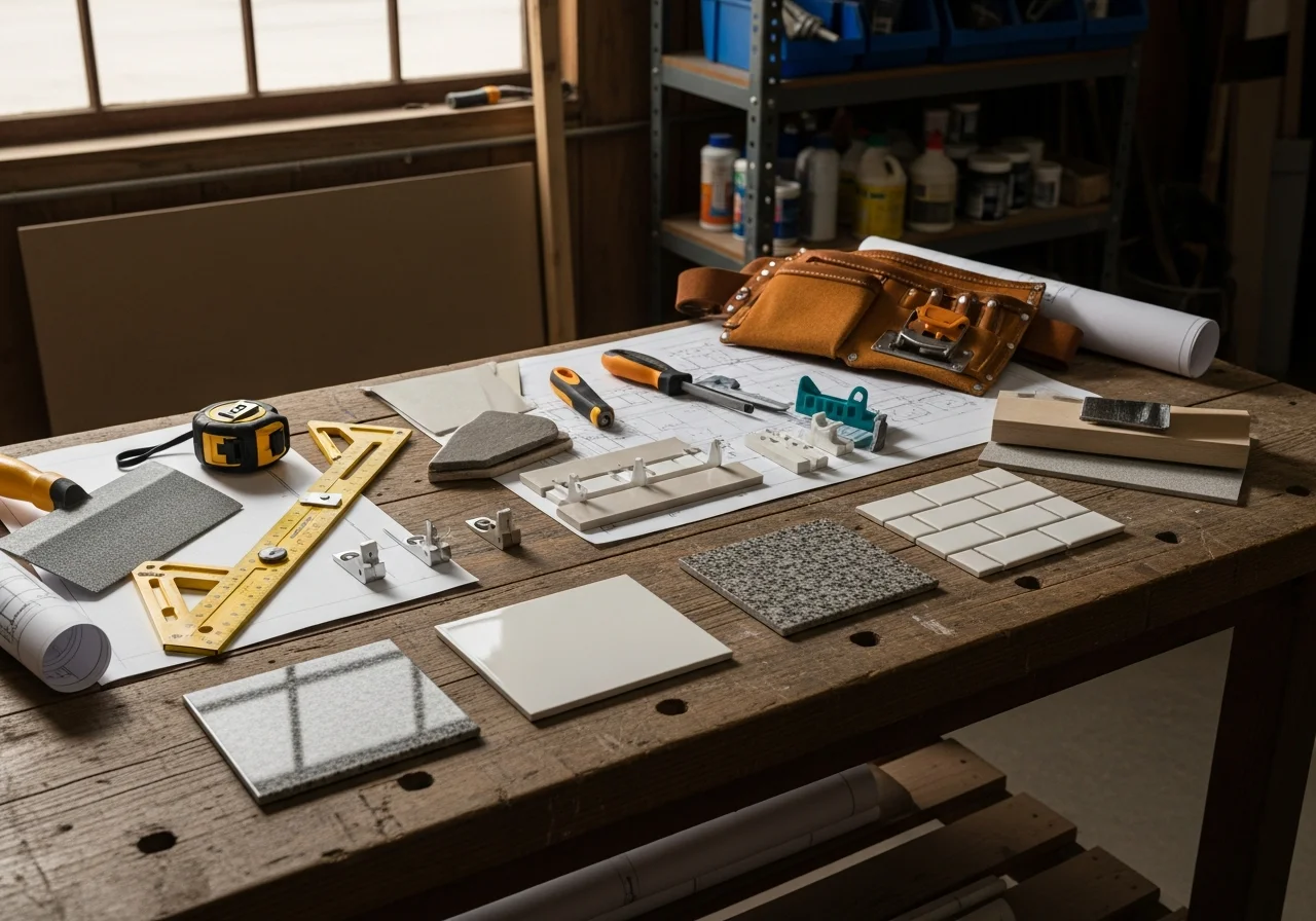 Handyman tools and materials on a work surface, representing the skilled trades and remodeling services offered.