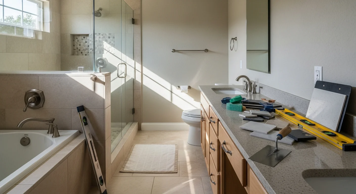 Luxury bathroom with custom tile shower and stone countertops