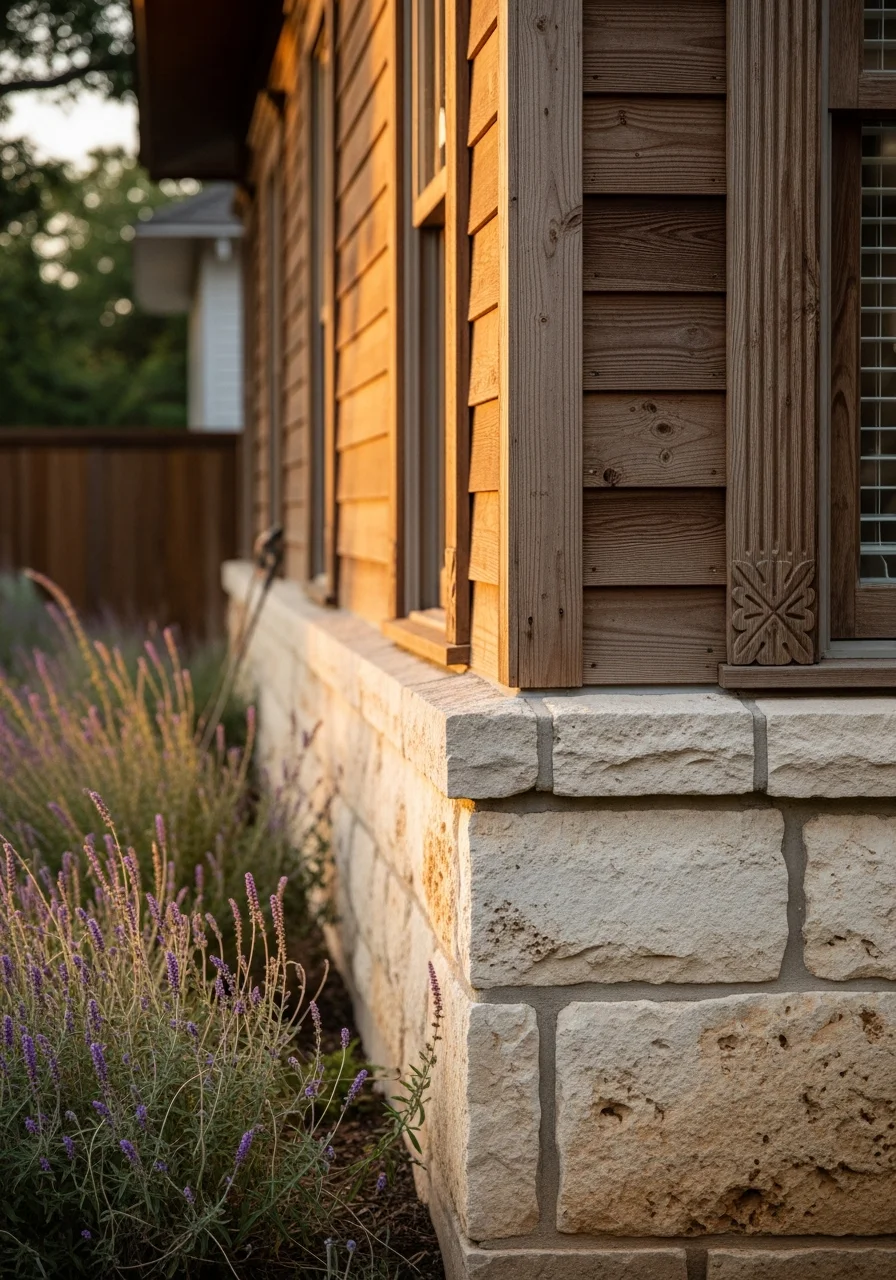 Close-up of a well-maintained Austin home exterior with native landscaping and limestone accents typical of the area.