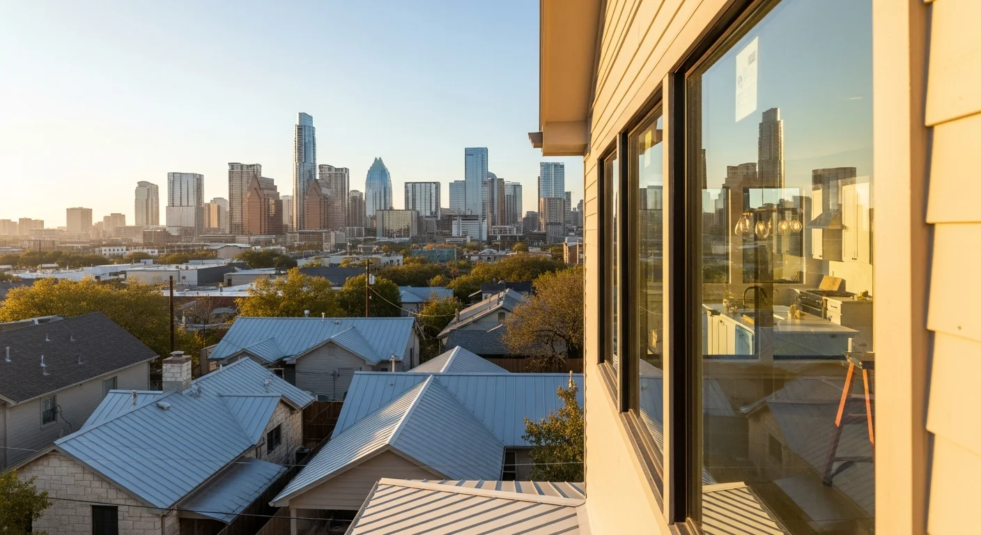 Wide view of Austin skyline with residential neighborhoods in foreground and downtown towers in background under clear sky.
