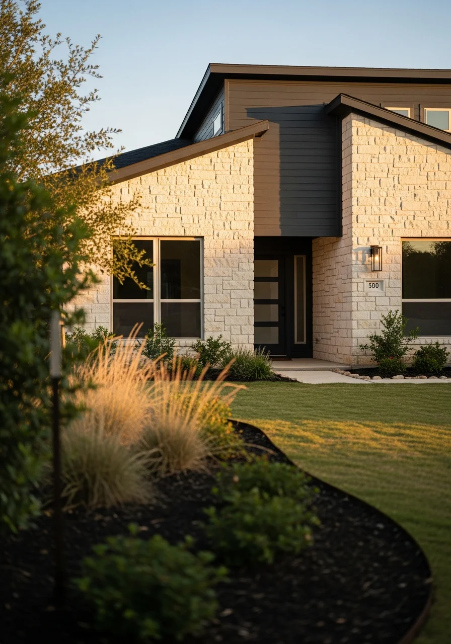 Close-up of a Cedar Park home's front facade showing contemporary design and well-maintained exterior.