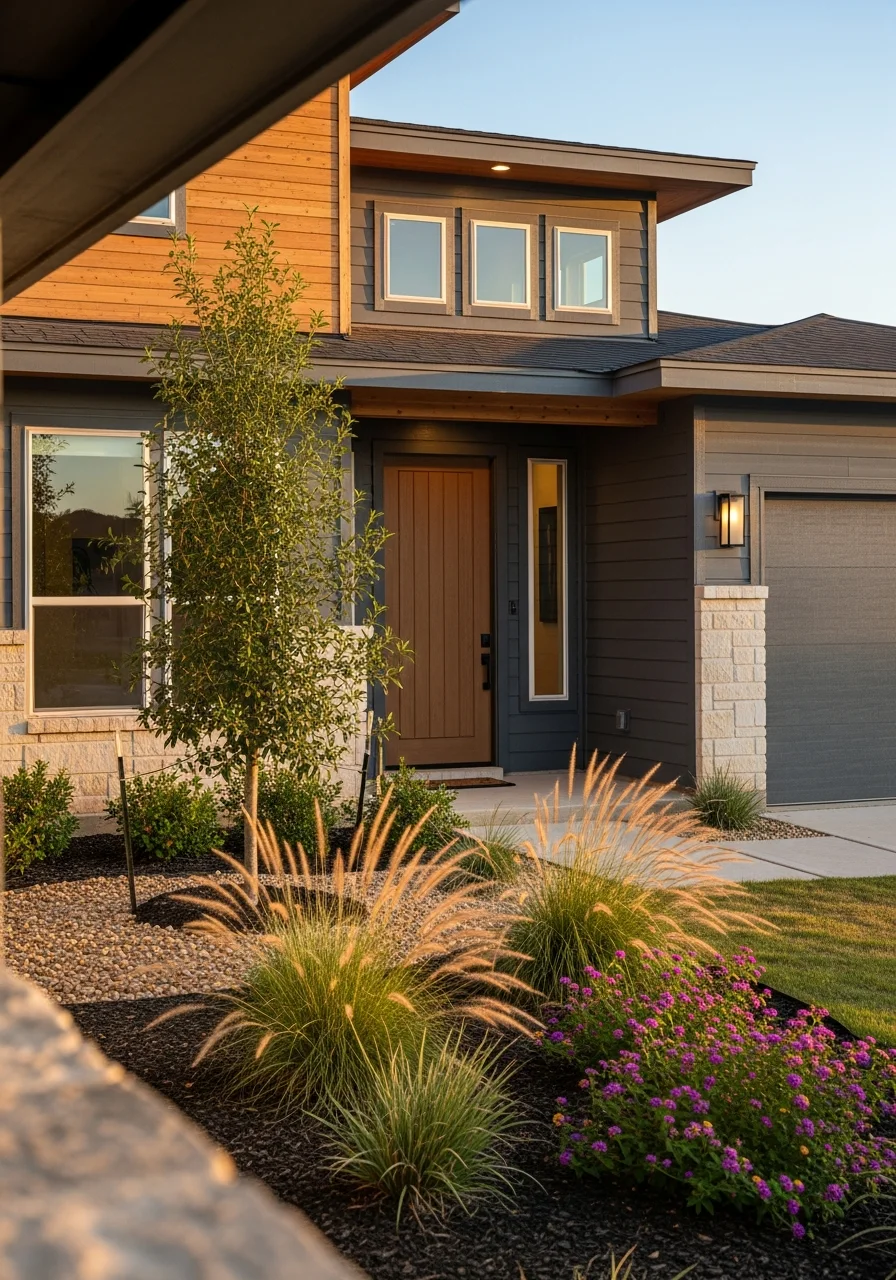Close-up of a newer Hutto home's exterior showing contemporary design and quality finishes.