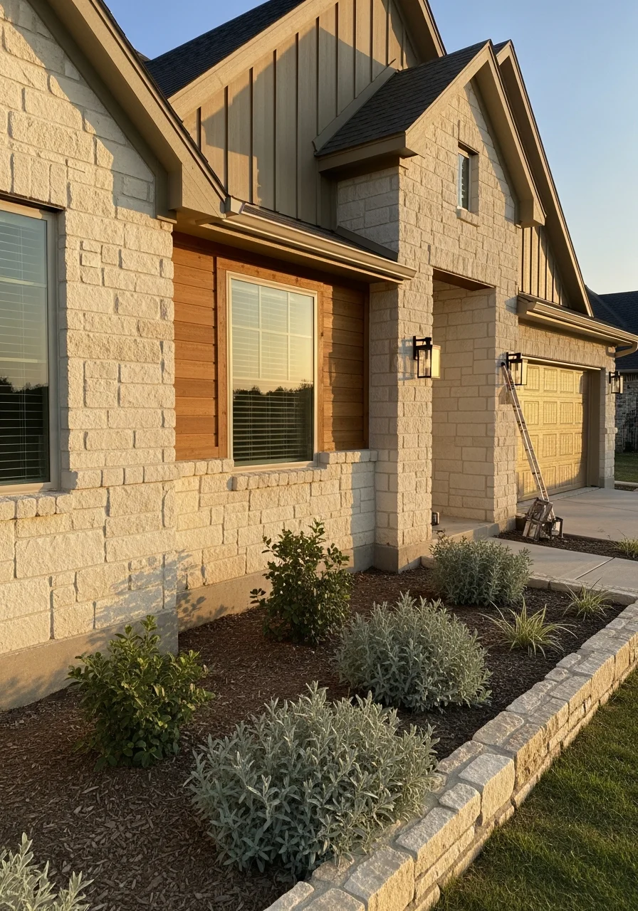 Detail shot of a Leander home exterior showing quality construction and natural surroundings.