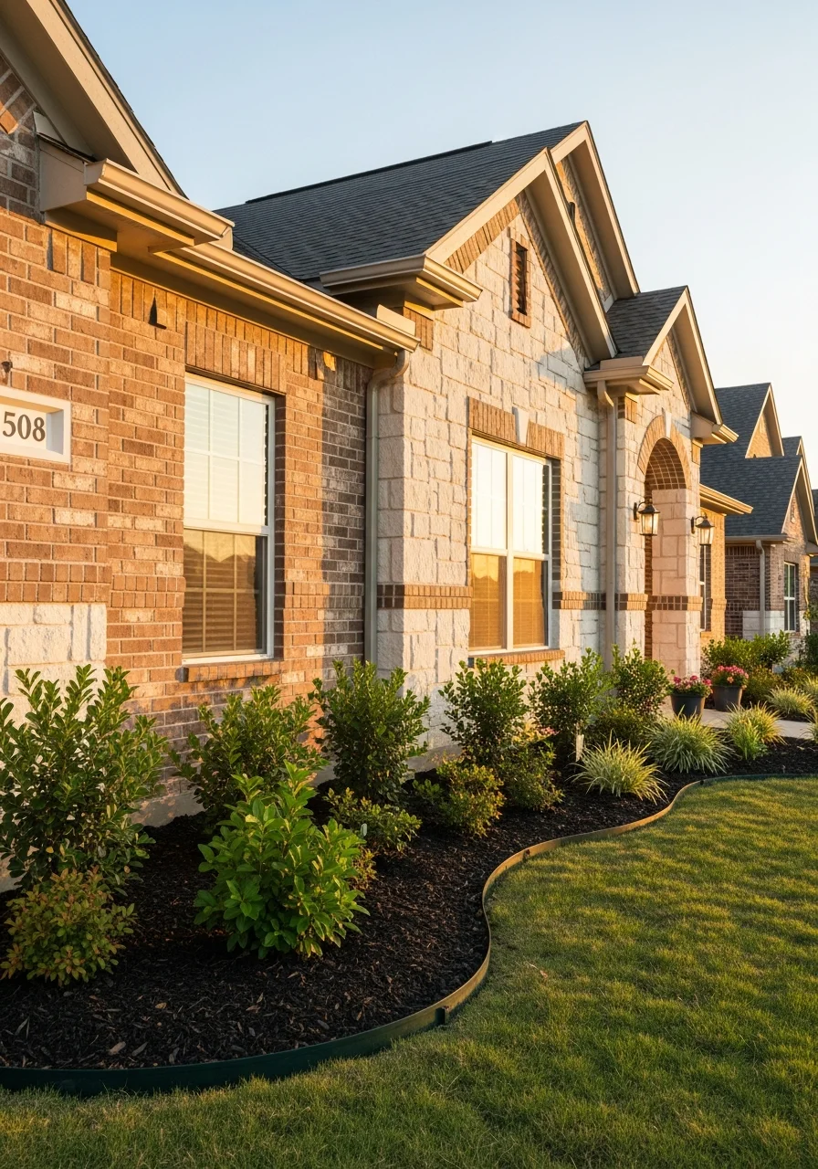 Close-up of a Pflugerville home's exterior showing quality construction details and well-maintained landscaping.