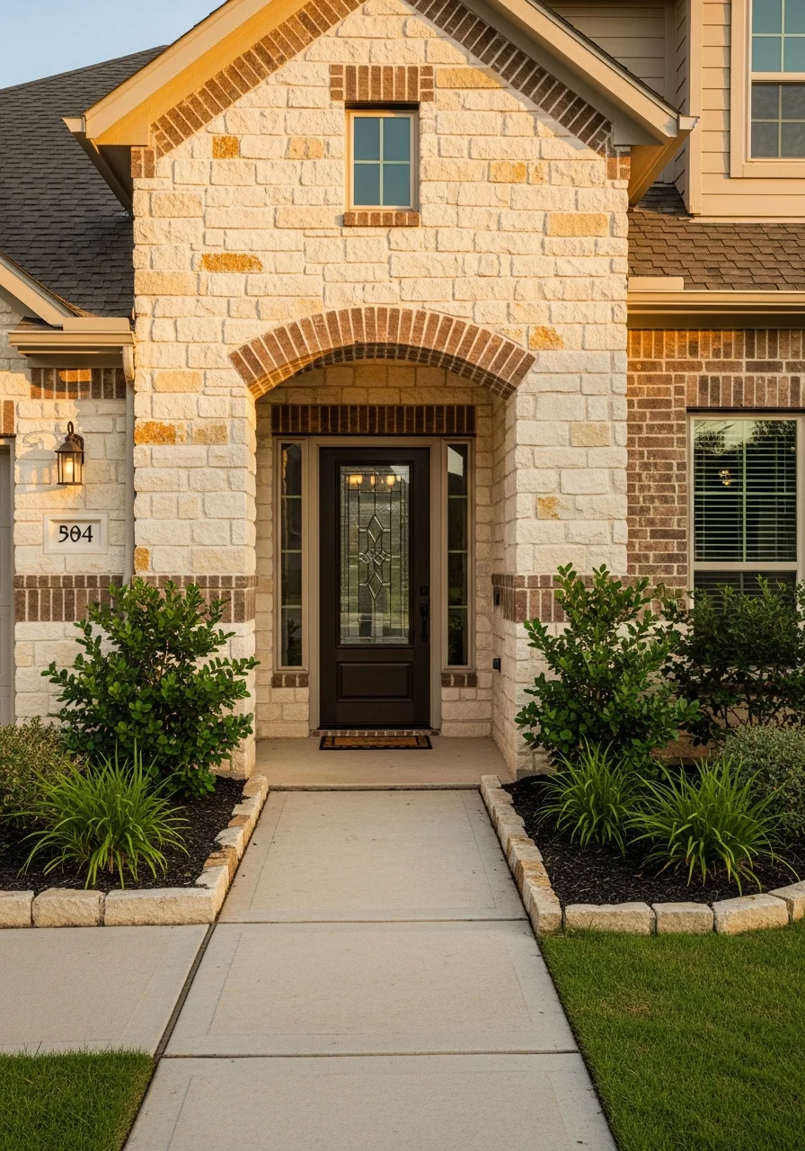 Detail shot of a Round Rock home's front entrance with stone accents and professional landscaping.