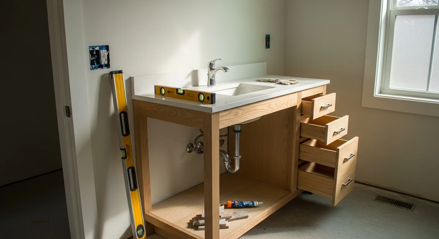 A newly installed bathroom vanity with a clean countertop and secured cabinet in an Austin, TX home. The installation shows level doors, sealed plumbing connections, and a finished look ready for daily use.