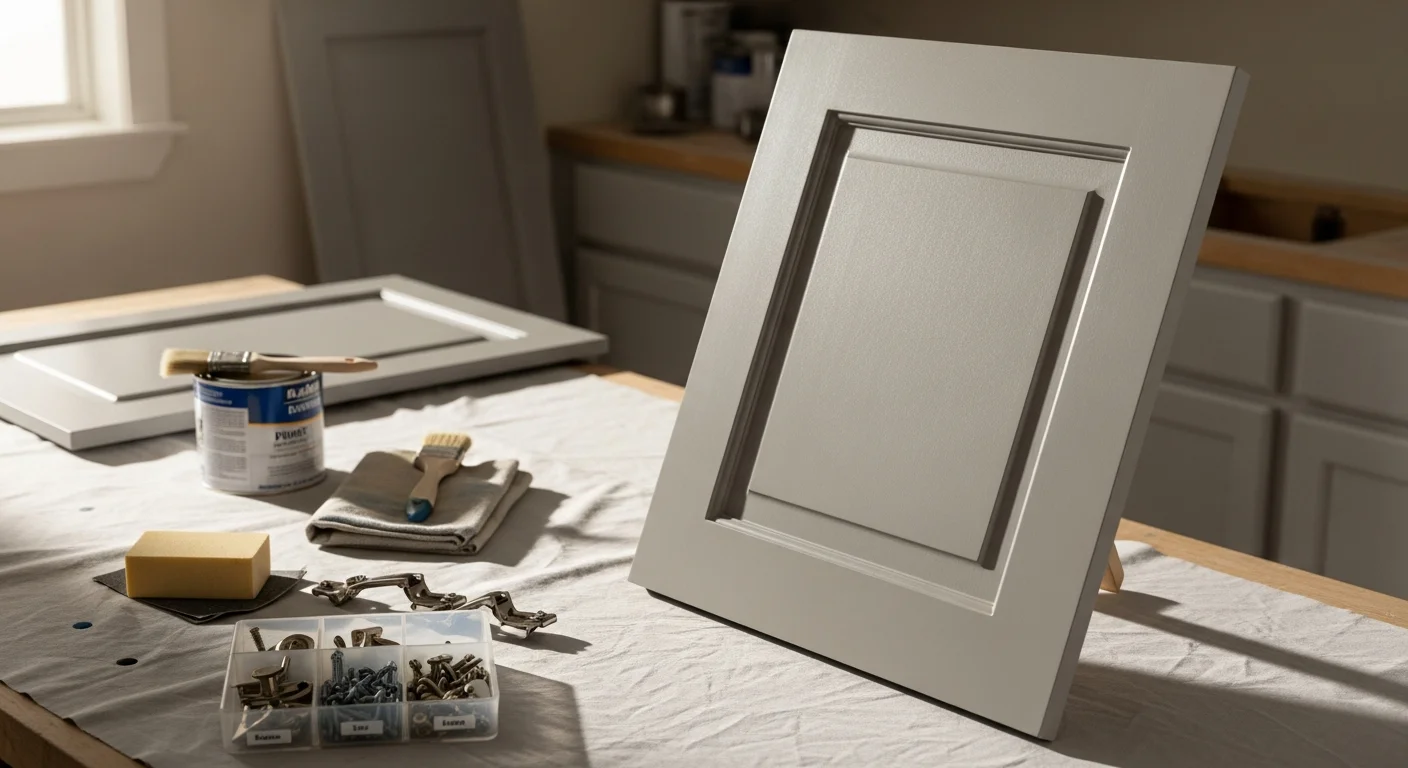 Freshly painted kitchen cabinets in an Austin, TX home showing smooth, even coverage in a warm white finish with clean edges around the cabinet frames. Cabinet doors are rehung with updated hardware against a bright kitchen interior.