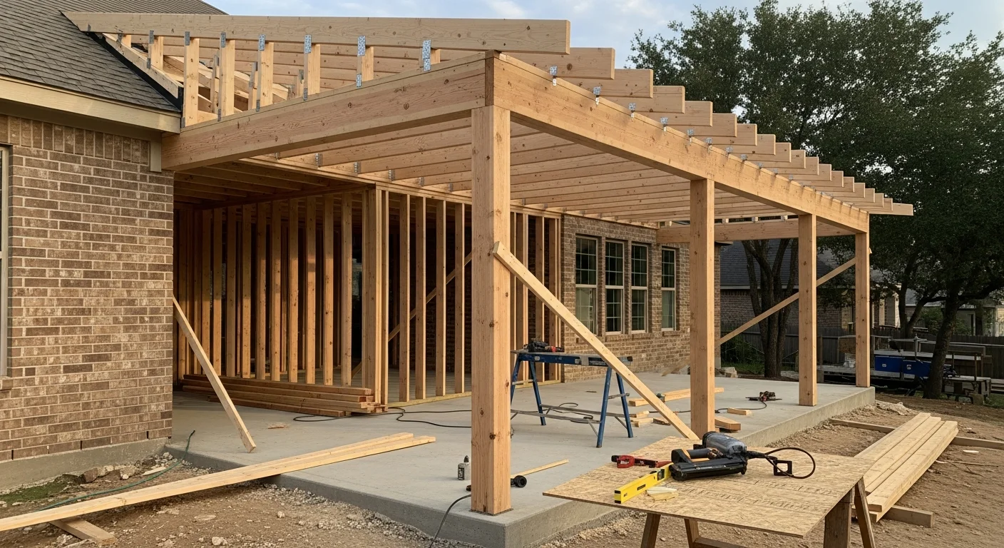 A newly installed covered porch on a single-family home in Austin, TX, with a solid roof structure, wood framing, and a concrete slab floor extending from the rear of the house. The overhead cover provides full shade over an outdoor seating area in a Central Texas backyard.