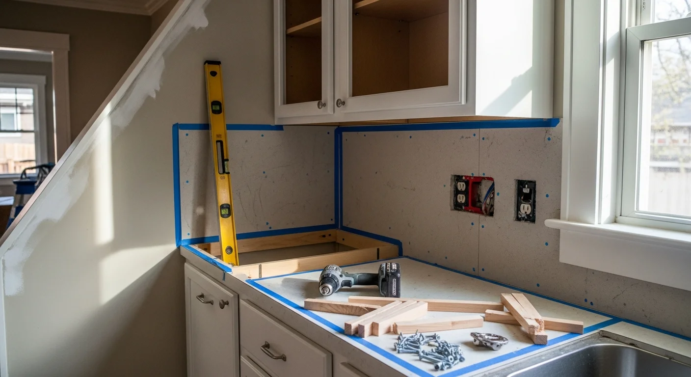 Newly installed custom kitchen cabinets in an Austin, TX home, showing floor-to-ceiling cabinetry fitted along a wall with clean lines and hardware in place. The kitchen reflects a mid-century home layout updated with a built-to-fit cabinet run by Infinity Handyman & Remodeling Services.