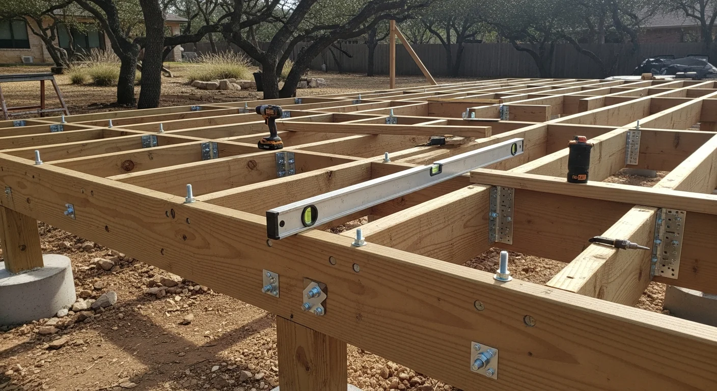 A newly installed wood deck attached to the back of an Austin, TX single-family home, showing clean framing, level decking boards, and a railed staircase leading to a grassy backyard. The deck is photographed in full afternoon sun, reflecting the open outdoor living conditions common across Central Texas.