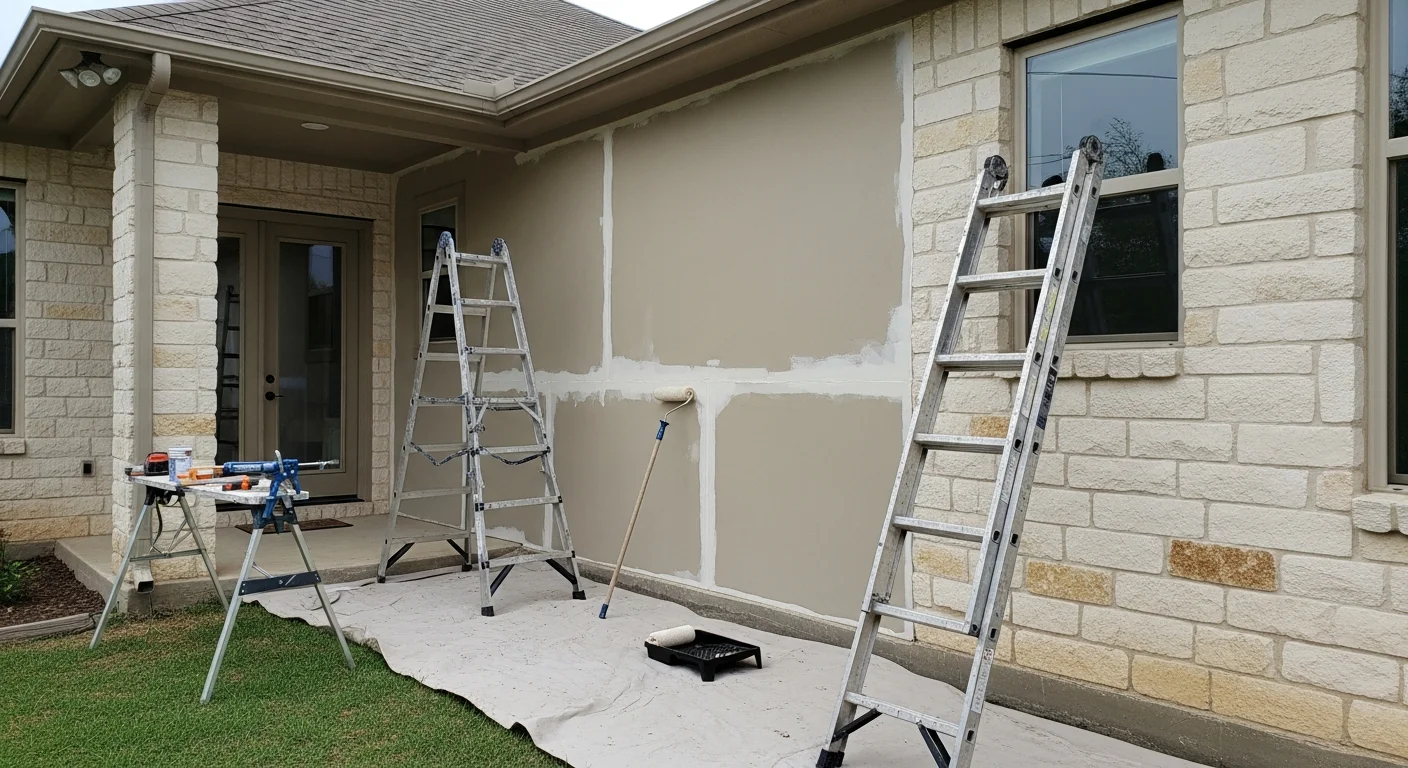 A single-story Austin, TX home with freshly painted exterior walls in a clean neutral tone, showing even coverage across fiber cement siding and painted wood trim. The repainted south-facing elevation shows no fading or peeling, with crisp lines around window frames and the front entry.