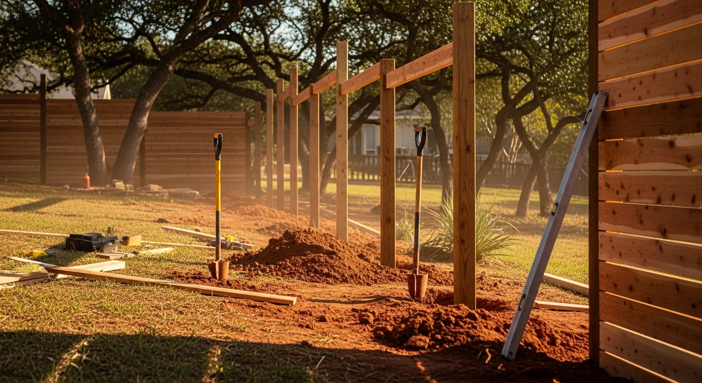 A freshly installed wood privacy fence along the backyard boundary of a single-family home in Austin, TX. The board-on-board panels are level and set in concrete footings with a clean finished top rail.