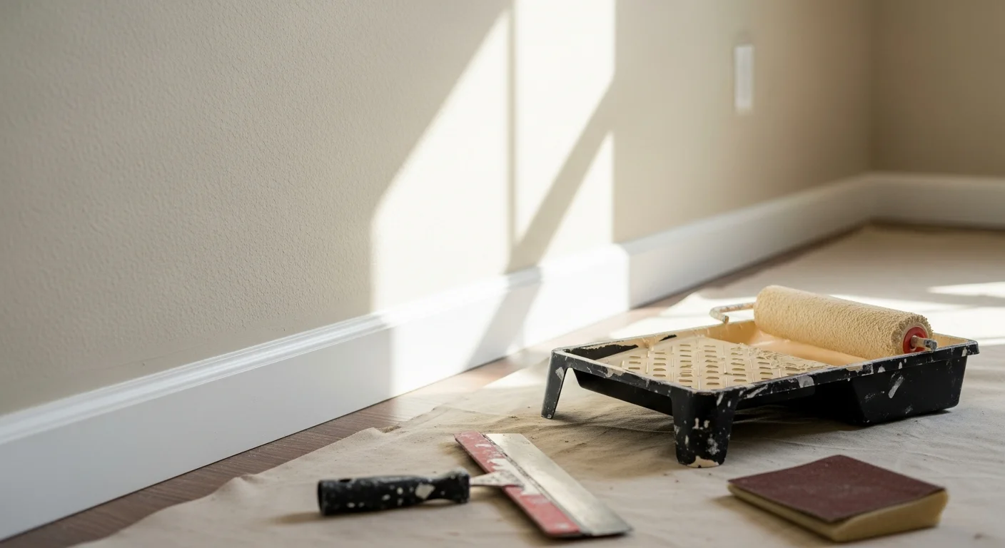 Freshly painted living room interior in an Austin, TX home showing smooth, even walls in a neutral tone with clean trim lines. A sole proprietor painter from Infinity Handyman & Remodeling Services applies a second coat to a textured wall near a large window.