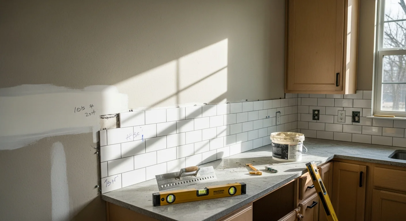 Freshly installed kitchen tile backsplash behind a gas range in an Austin, TX home, showing level grout lines and clean edges where the tile meets the countertop. The kitchen has light upper cabinets and a neutral wall tile that runs from the countertop to the bottom of the cabinets.