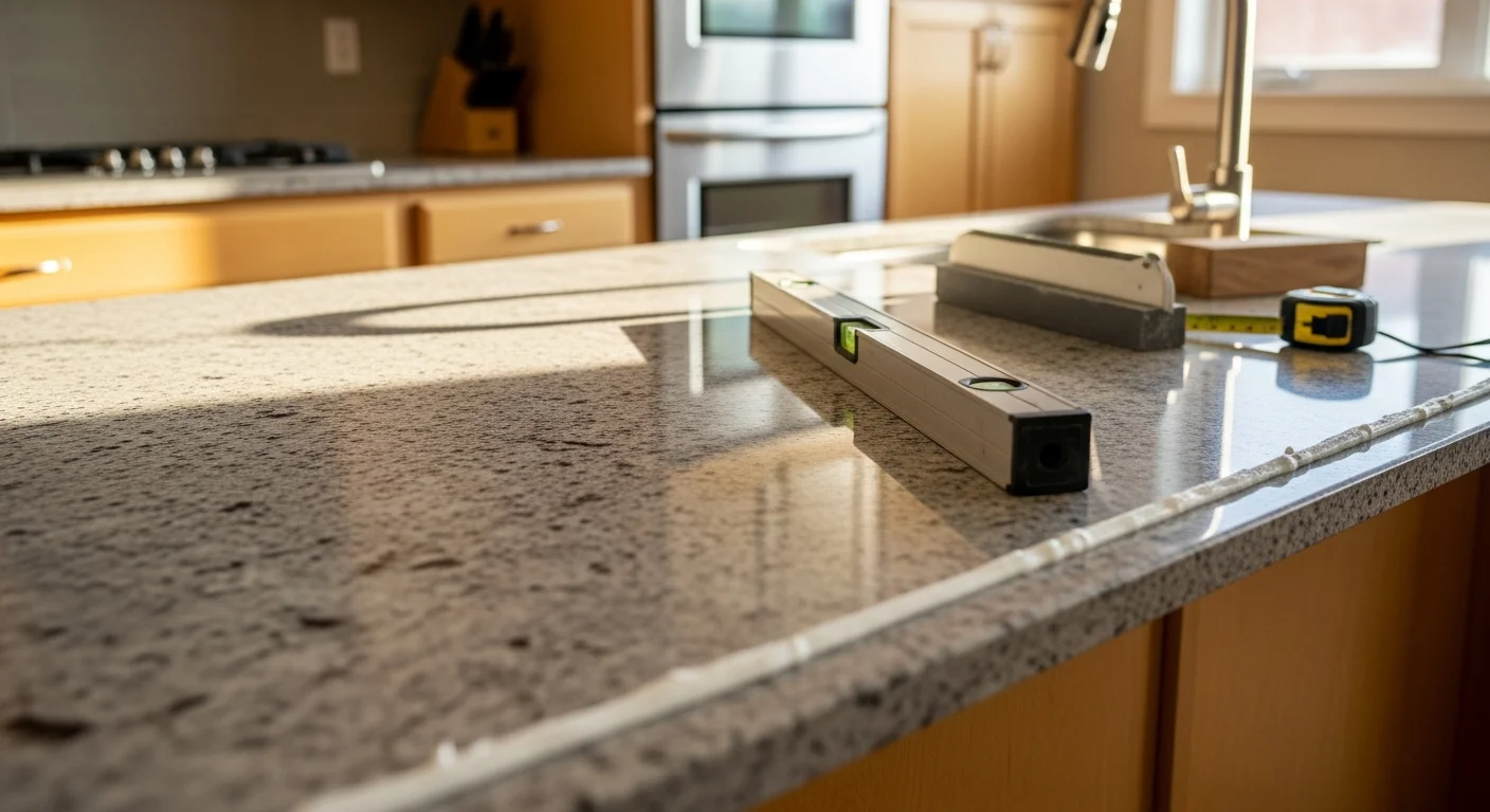 Newly installed stone kitchen countertop in an Austin, TX home, showing clean edge work, a flush sink cutout, and level surface across full cabinet run. The kitchen has updated fixtures and natural light from a window above the sink.