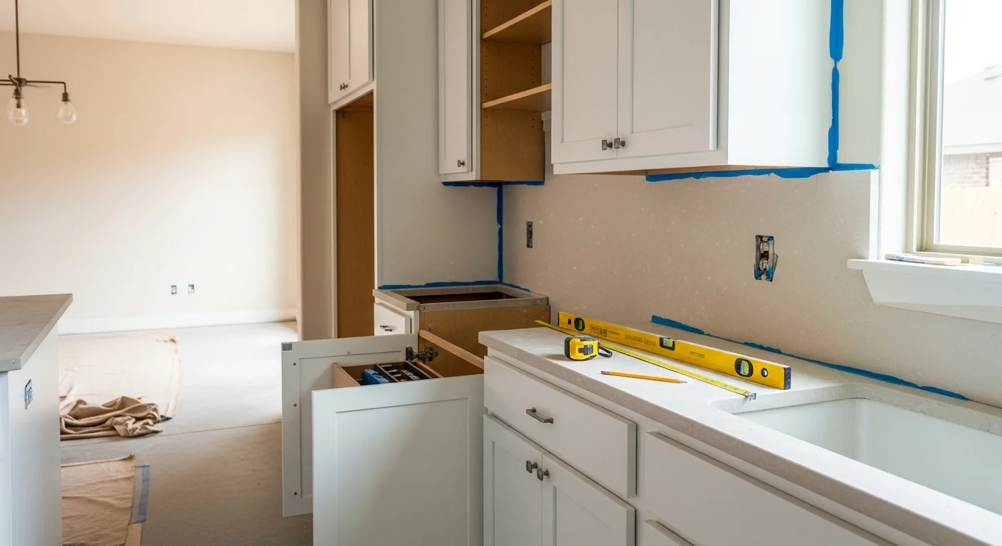 Newly remodeled kitchen in an Austin, TX home showing updated cabinetry, fresh countertops, and modern lighting. Work completed by Infinity Handyman & Remodeling Services for a local Austin homeowner.