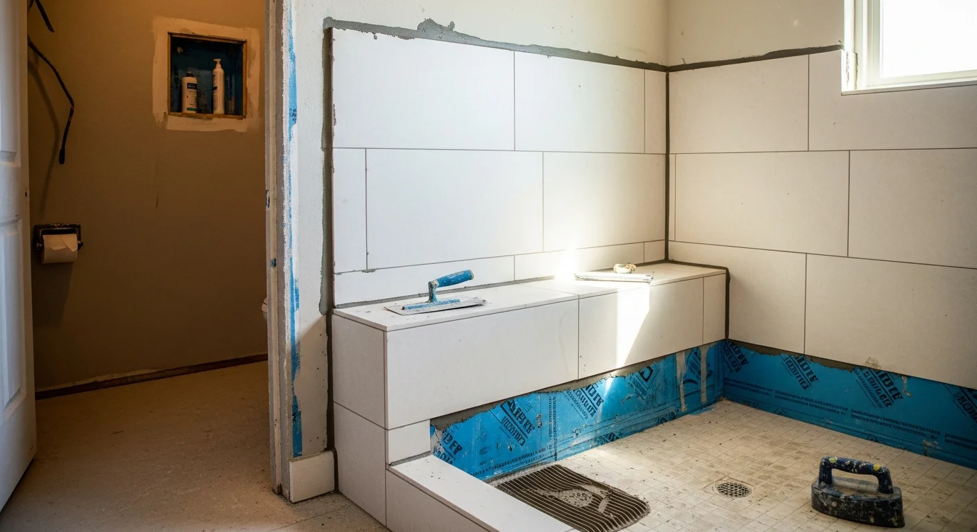 Finished custom tile shower installation in an Austin, TX bathroom, showing floor-to-ceiling wall tile, a tiled shower floor, and clean grout lines. The shower is photographed from the entry point, showing the full wall and floor tile layout in a residential bathroom setting.