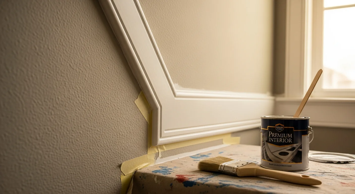Freshly painted white baseboards and door casing in an Austin, TX home interior, showing clean paint lines where the trim meets the wall and hardwood floor. Close-up view highlights smooth, even coverage on MDF trim with no drips or brush marks.